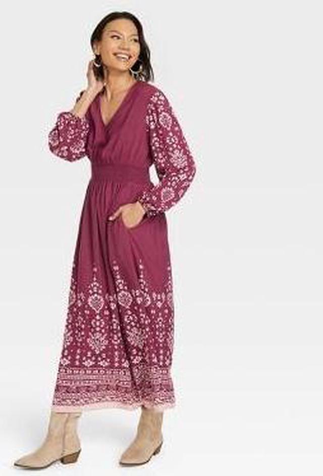 Women's Long Sleeve Smocked Maxi Dress - Knox Rose Purple Floral S 