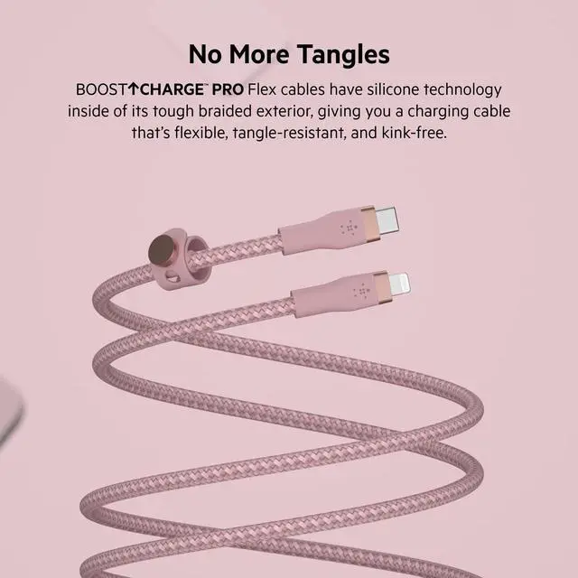 Alt view image 3 of 7 - Belkin 6.6' BoostCharge Pro Flex USB-C Lightning Connector Cable Strap Pink Chic
