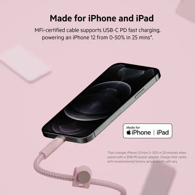 Alt view image 5 of 7 - Belkin 6.6' BoostCharge Pro Flex USB-C Lightning Connector Cable Strap Pink Chic