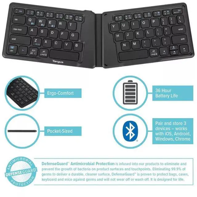 Alt view image 18 of 20 - Targus Ergonomic Foldable Bluetooth Antimicrobial Keyboard Black AKF003US