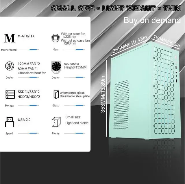 Alt view image 2 of 6 - Micro-ATX Tower with Air Flow,Micro-ATX & Itx PC Case, 2 x USB 2.0 and HD Audio (Green)