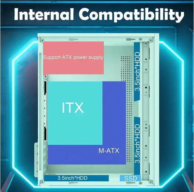 Alt view image 3 of 6 - Micro-ATX Tower with Air Flow,Micro-ATX & Itx PC Case, 2 x USB 2.0 and HD Audio (Green)
