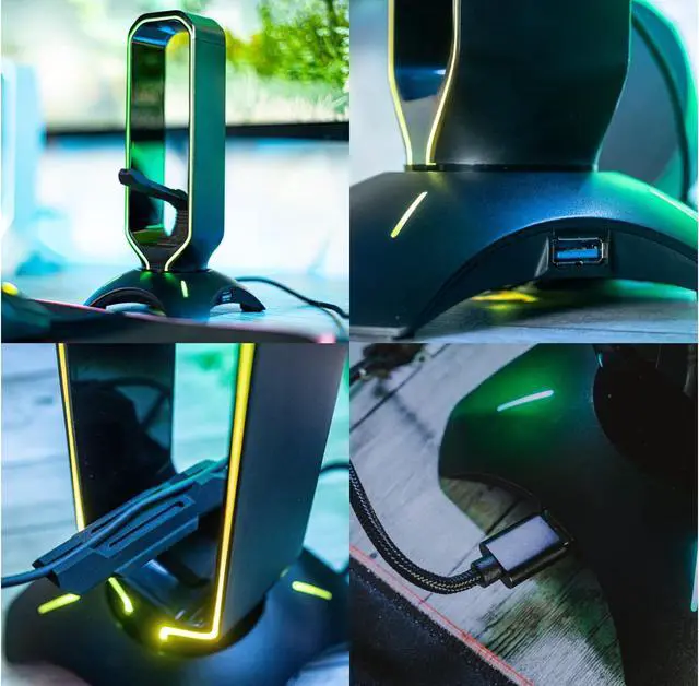 Alt view image 5 of 7 - RGB Headset Stand and Gaming Headphone Stand for Desk Display with Mouse Bungee Cord Holder with USB 3.0 Hub for Xbox, PS4, PC - Perfect Gaming Accessories