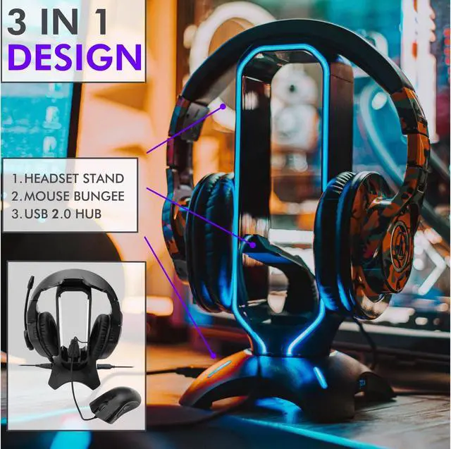 Alt view image 4 of 7 - RGB Headset Stand and Gaming Headphone Stand for Desk Display with Mouse Bungee Cord Holder with USB 3.0 Hub for Xbox, PS4, PC - Perfect Gaming Accessories