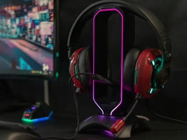 Alt view image 6 of 7 - RGB Headset Stand and Gaming Headphone Stand for Desk Display with Mouse Bungee Cord Holder with USB 3.0 Hub for Xbox, PS4, PC - Perfect Gaming Accessories