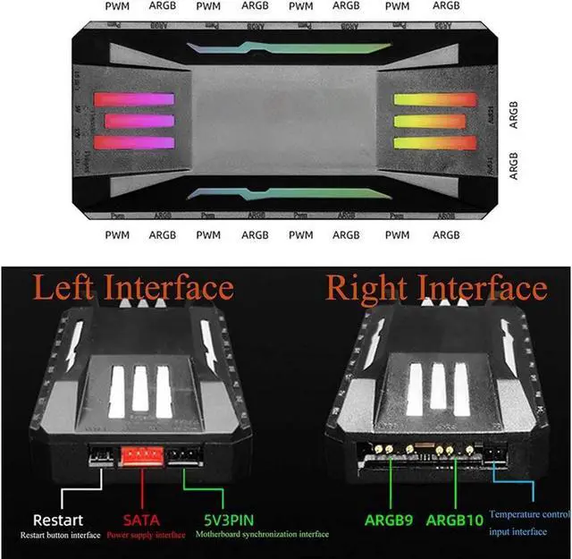 Alt view image 4 of 7 - 5V 3 Pin ARGB HUB,Pwm Fan Temperature Controller Integrator, Remote Control Computer RGB Light Adapter , 8 * 4 Pin Fan Speed Controller Ports , 10 * 5v 3pin A-RGB Ports with Magnet (Black)