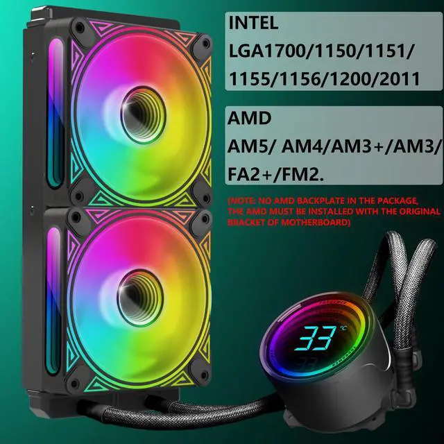Alt view image 4 of 7 - 240mm CPU Liquid Cooler,Water Cooler with Temperature Display Screen,240mm Radiator ARGB & PWM Case Fans,LGA115X/1200/1700/1366/2011 / 2066,  AM5 / AM4 ,Black 2 Fan Slots (120 mm)