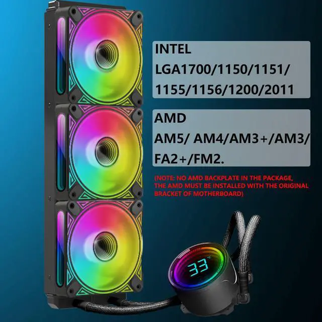 Alt view image 4 of 7 - 360mm CPU Liquid Cooler,Water Cooler with Temperature Display Screen,360mm Radiator ARGB & PWM Case Fans,LGA115X/1200/1700/1366/2011 / 2066,  AM5 / AM4 ,Black 3 Fan Slots (120 mm)