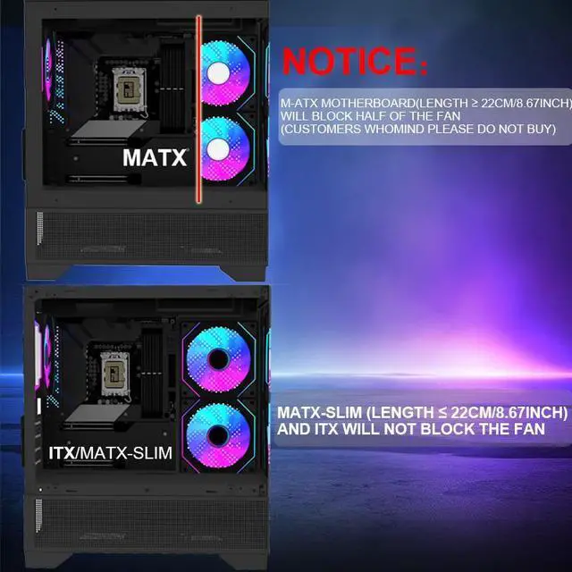 Alt view image 3 of 7 - MATX-SLIM/ITX Gaming PC Cases with 3x120MM ARGB fans Preinstalled,itx case, 270° Full View Tempered Glass Mid Tower,Mid-Tower USB 3.0 with Double Tempered Glass Full View Computer Cases
