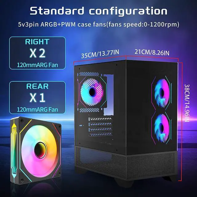 Alt view image 4 of 7 - MATX-SLIM/ITX Gaming PC Cases with 3x120MM ARGB fans Preinstalled,itx case, 270° Full View Tempered Glass Mid Tower,Mid-Tower USB 3.0 with Double Tempered Glass Full View Computer Cases