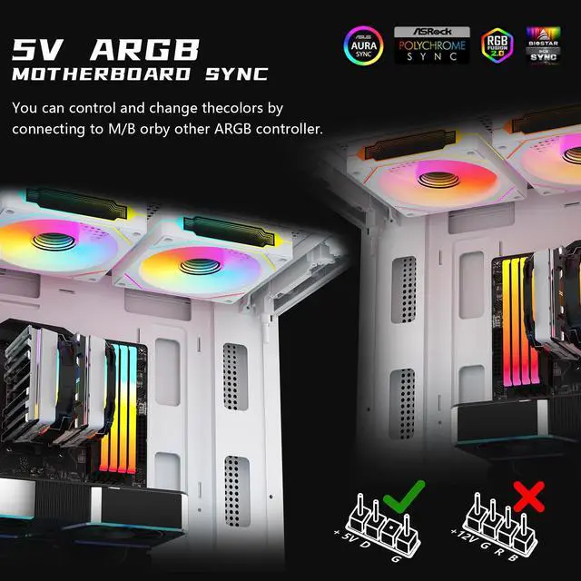 Alt view image 3 of 7 - RGB Fans:6 pack 120mm PWM ARGB Case Fan with Fan Hub and Remote,Speed Control,PWM Control Fan for Computer Case and Liquid Cooling System White
