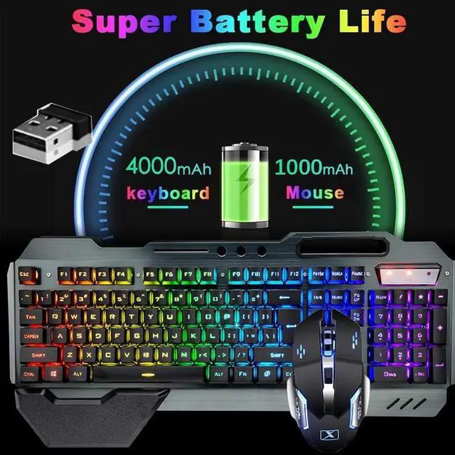 Alt view image 2 of 7 - Wireless Gaming Keyboard and Mouse,RGB Backlit Rechargeable Keyboard Mouse with 5000mAh Battery Metal Panel,Removable Hand Rest Mechanical Feel Keyboard and 7 Color Gaming Mute Mouse for PC Gamer