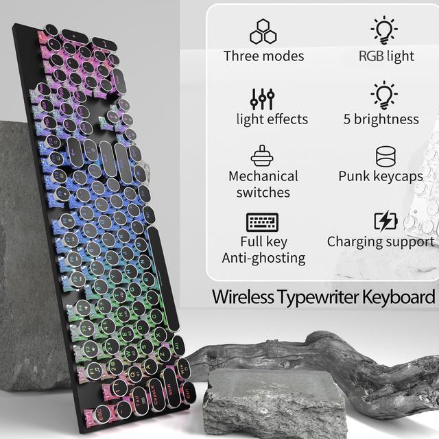 Alt view image 3 of 7 - Wireless Punk Typewriter Mechanical BLACK Keyboard Round Keycaps And  Backlit 104-Key Keyboards Game Office Triple Mode Wireless 5.0/2.4G/Wired Ergonomic Keyboard For Win/Mac,RGB