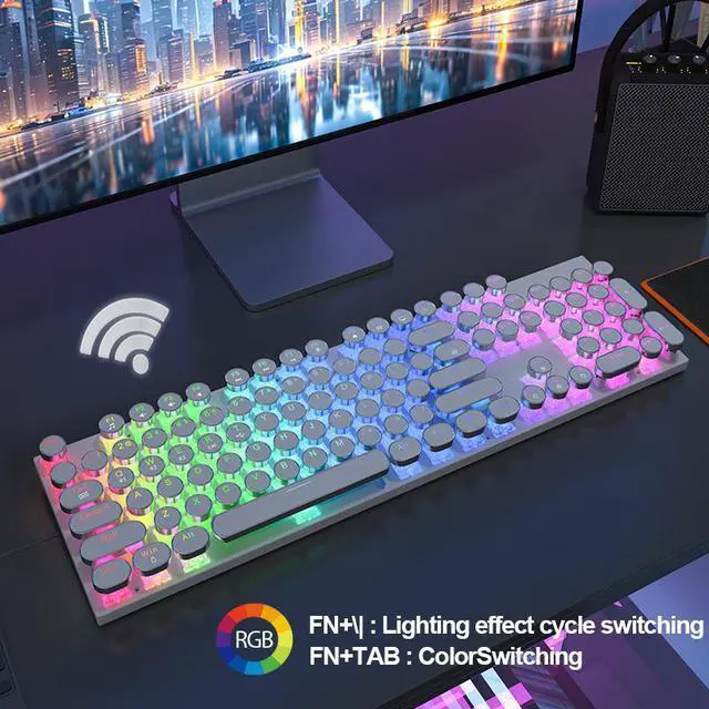 Alt view image 2 of 7 - Wireless Punk Typewriter Mechanical BLACK Keyboard Round Keycaps And Backlit 104-Key Keyboards Game Office Triple Mode Wireless 5.0/2.4G/Wired Ergonomic Keyboard For Win/Mac,RGB