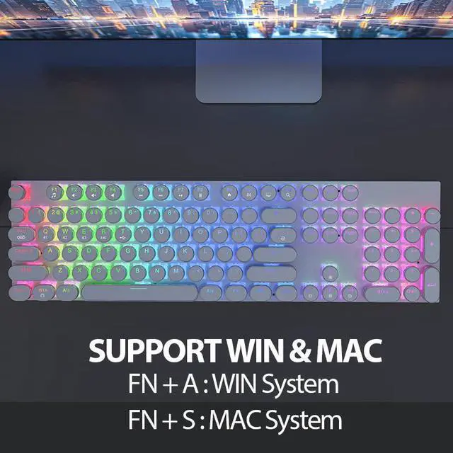 Alt view image 7 of 7 - Wireless Punk Typewriter Mechanical BLACK Keyboard Round Keycaps And Backlit 104-Key Keyboards Game Office Triple Mode Wireless 5.0/2.4G/Wired Ergonomic Keyboard For Win/Mac,RGB