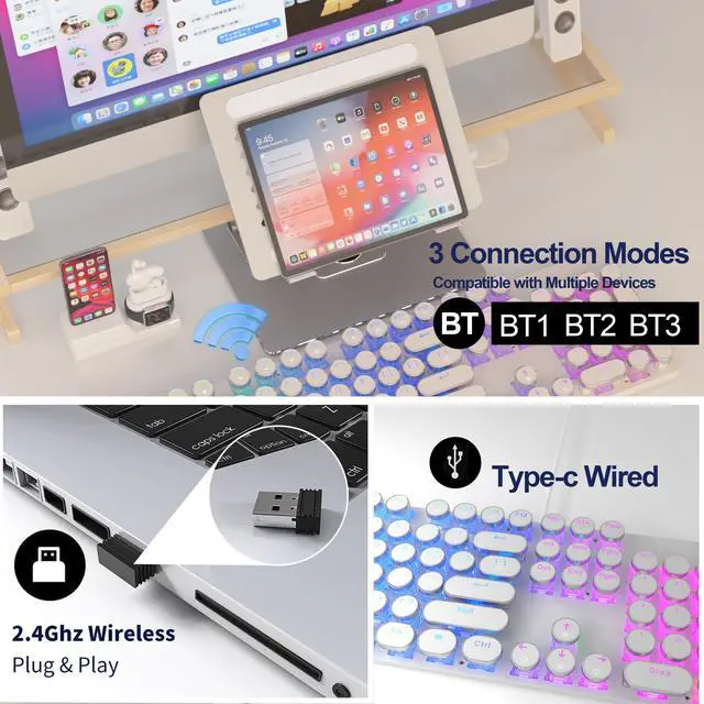 Alt view image 5 of 7 - Wireless Punk Typewriter Mechanical BLACK Keyboard Round Keycaps And Backlit 104-Key Keyboards Game Office Triple Mode Wireless 5.0/2.4G/Wired Ergonomic Keyboard For Win/Mac,RGB