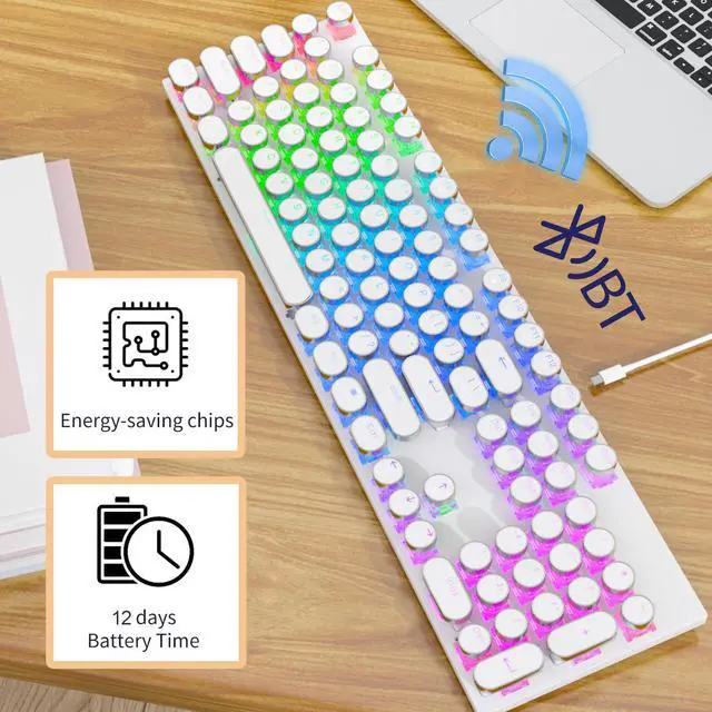 Alt view image 6 of 7 - Wireless Punk Typewriter Mechanical BLACK Keyboard Round Keycaps And Backlit 104-Key Keyboards Game Office Triple Mode Wireless 5.0/2.4G/Wired Ergonomic Keyboard For Win/Mac,RGB