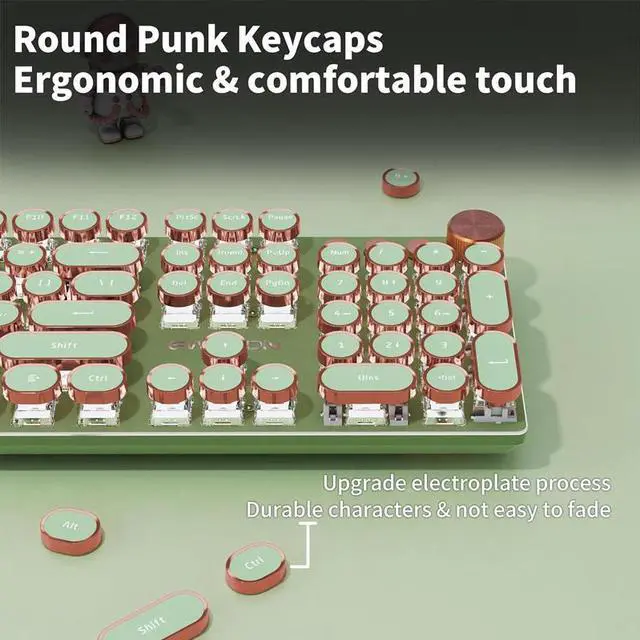 Alt view image 5 of 7 - Typewriter Style Mechanical Gaming Keyboard,104 Keys Backlit LED Keyboard, Media Control Knob, Wired Computer Keyboard Pink Switch for Windows/Mac/PC-Green