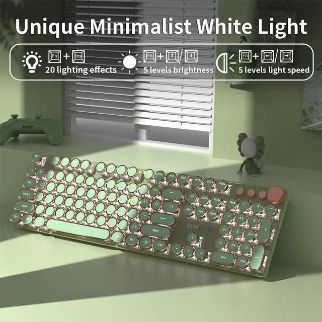 Alt view image 2 of 7 - Typewriter Style Mechanical Gaming Keyboard,104 Keys Backlit LED Keyboard, Media Control Knob, Wired Computer Keyboard Pink Switch for Windows/Mac/PC-Green
