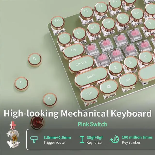 Alt view image 7 of 7 - Typewriter Style Mechanical Gaming Keyboard,104 Keys Backlit LED Keyboard, Media Control Knob, Wired Computer Keyboard Pink Switch for Windows/Mac/PC-Green