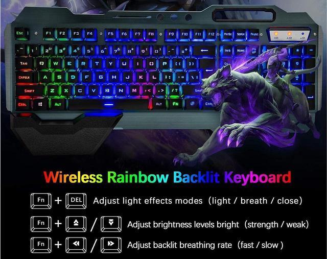 Alt view image 4 of 7 - Wireless gaming Keyboard and Mouse,Rainbow Backlit Rechargeable Keyboard Mouse with 3800mAh Battery Metal Panel,Removable Hand Rest Mechanical Feel Keyboard and 7 Color Gaming Mute Mouse for PC Gamers