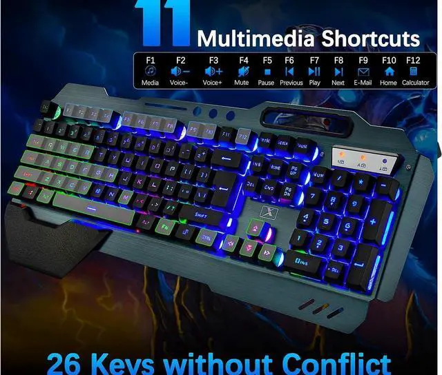 Alt view image 5 of 7 - Wireless gaming Keyboard and Mouse,Rainbow Backlit Rechargeable Keyboard Mouse with 3800mAh Battery Metal Panel,Removable Hand Rest Mechanical Feel Keyboard and 7 Color Gaming Mute Mouse for PC Gamers