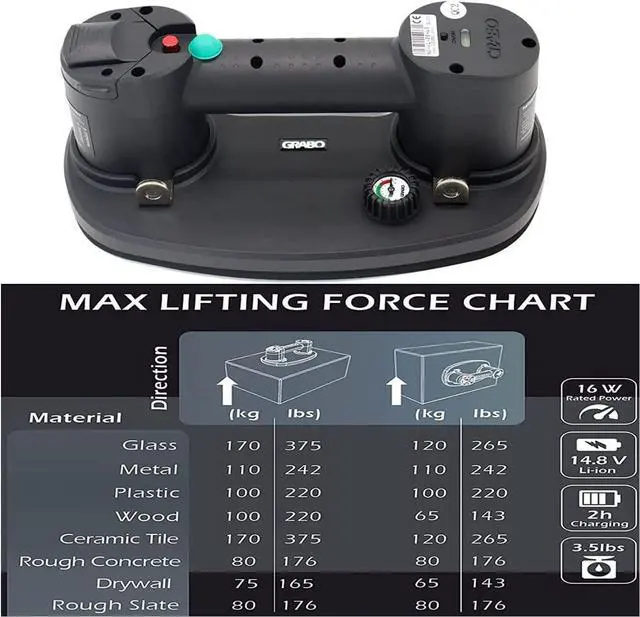 Alt view image 2 of 7 - GRABO Nemo Grabo Electric Vacuum Suction Cup Lifter with 375 lb Maximum Load Capacity, Includes Battery and Seal