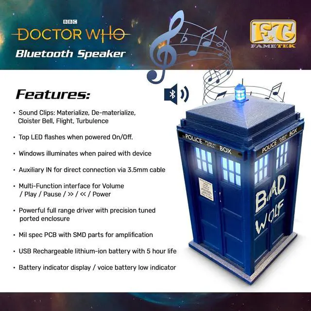 Alt view image 2 of 5 - Doctor Who Bad Wolf Tardis Wireless Bluetooth Speaker Plays Music, Lights Up, Accurate Sounds Effects |Gifts for Men or Women - Best Gifts Birthday Collectibles for Doctor Who