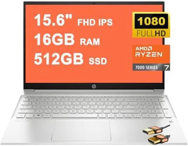 Main image of HP Pavilion Business Laptop 15.6" FHD IPS BrightView Display AMD 8-core Ryzen 7 7730U Processor (Beats i7-1255U) 16GB RAM 512GB SSD USB-C B&O Win11 Silver + HDMI Cable