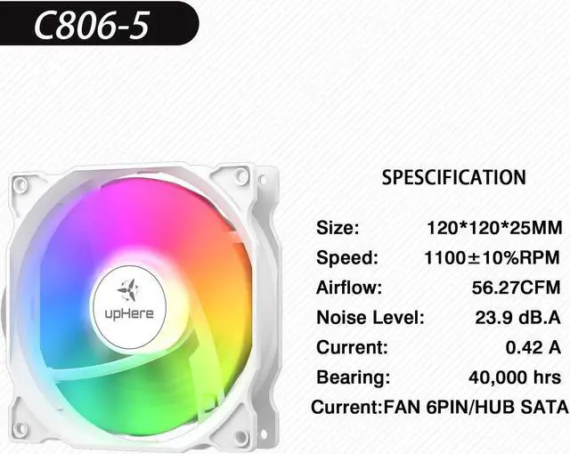 Alt view image 3 of 5 - upHere 120mm RGB Case Fan,Quiet Edition High Airflow Adjustable Color LED Case Fan for PC Cases, CPU Coolers,Radiators System,5-Pack,White Edition/C806-5