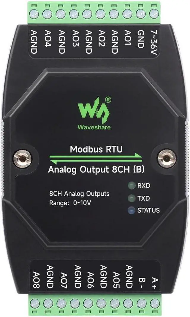 Main image of Waveshare Industrial 8-Ch Analog Output Module, 12-Bit DA Conversion, Supports 8-Ch Simultaneous Voltage Output, DC 7~36V Wide Voltage Power Supply, Modbus RTU Protocol, Rail-Mount Support