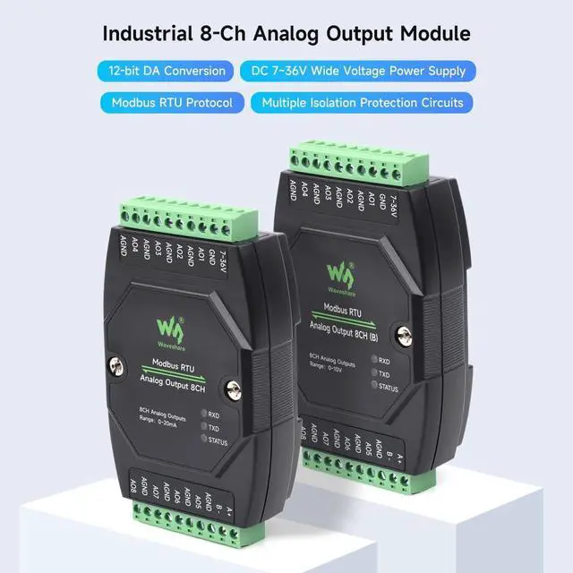 Alt view image 3 of 5 - Waveshare Industrial 8-Ch Analog Output Module, 12-Bit DA Conversion, Supports 8-Ch Simultaneous Voltage Output, DC 7~36V Wide Voltage Power Supply, Modbus RTU Protocol, Rail-Mount Support