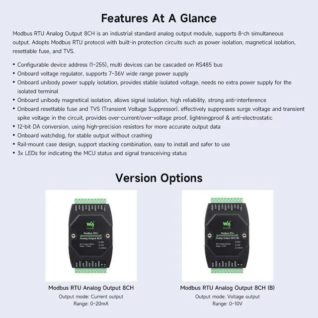 Alt view image 4 of 5 - Waveshare Industrial 8-Ch Analog Output Module, 12-Bit DA Conversion, Supports 8-Ch Simultaneous Voltage Output, DC 7~36V Wide Voltage Power Supply, Modbus RTU Protocol, Rail-Mount Support