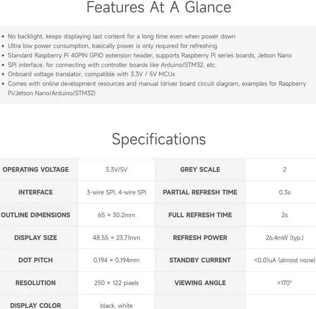 Alt view image 4 of 5 - 2PCS Waveshare 2.13inch E-Ink Display HAT V4 Version Compatible with Raspberry Pi 4B/3B+/3B/2B/B+/A+/Zero/Zero W/WH/Zero 2W Series Boards 250x122 Resolution SPI Interface Supports Partial Refresh
