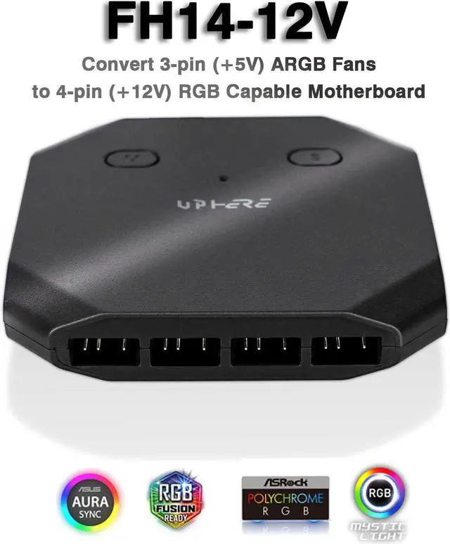 Alt view image 2 of 5 - upHere 12V RGB to 5V ARGB PC Fan Hub with 6 PWM 4Pin Port,8 5V ARGB 3Pin Port,Support up to 6 4-Pin & 3-Pin Case Fans and Additional 2 ARGB Accessories Black FH14-12V(Only Support 12VRGB Motherboard)