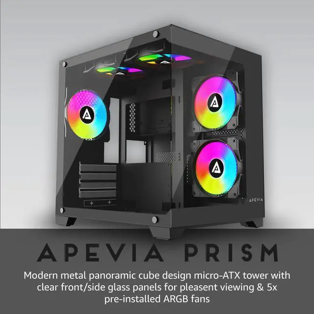 Alt view image 2 of 5 - Apevia Prism-BK Prism Micro-ATX Gaming PC Cube Case w/ 5X 120mm ARGB Fans, 366 RGB Modes, Dual Tempered Glass Panels, 240mm Radiator Support, 1X USB3.0, 2X USB 2.0, HD Audio Port, Black