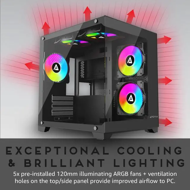 Alt view image 4 of 5 - Apevia Prism-BK Prism Micro-ATX Gaming PC Cube Case w/ 5X 120mm ARGB Fans, 366 RGB Modes, Dual Tempered Glass Panels, 240mm Radiator Support, 1X USB3.0, 2X USB 2.0, HD Audio Port, Black