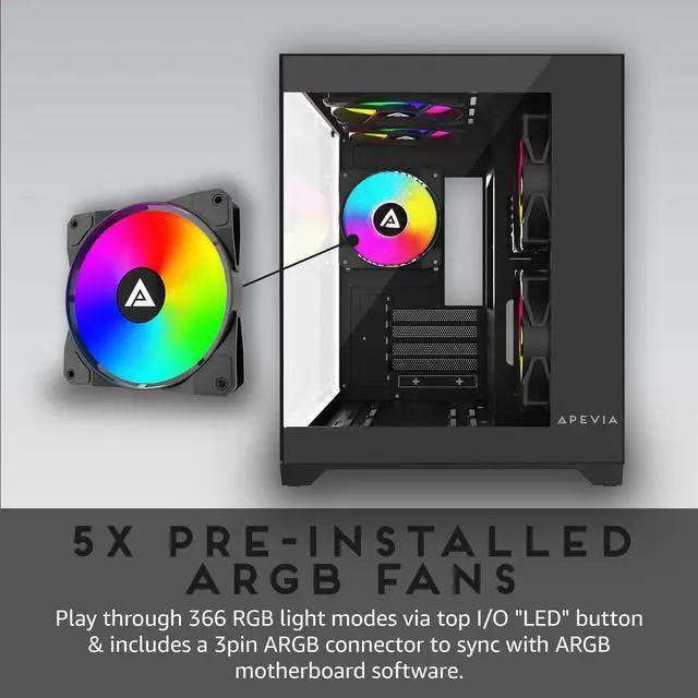 Alt view image 3 of 5 - Apevia Prism-BK Prism Micro-ATX Gaming PC Cube Case w/ 5X 120mm ARGB Fans, 366 RGB Modes, Dual Tempered Glass Panels, 240mm Radiator Support, 1X USB3.0, 2X USB 2.0, HD Audio Port, Black