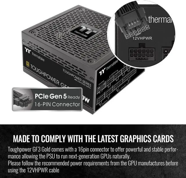 Alt view image 3 of 5 - Thermaltake Toughpower GF3 1200W, True 600W 12VHPWR Connectors on PSU & NVIDIA RTX 40 series, ATX 3.0/PCI-E 5.0 Ready, 80+ Gold, SLI/Crossfire Ready Power Supply, PS-TPD-1200FNFAGU-4, 10 Year Warranty