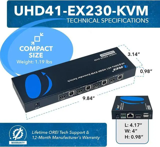 Alt view image 5 of 5 - OREI 4x1 KVM 4K HDMI Over Ethernet Extender Switcher Balun Over CAT6/7 Cable 4K@60Hz Upto 230 Feet - 2 USB 1.1 Ports, Supports Keyboard and Mouse USB