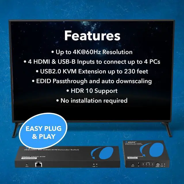 Alt view image 4 of 5 - OREI 4x1 KVM 4K HDMI Over Ethernet Extender Switcher Balun Over CAT6/7 Cable 4K@60Hz Upto 230 Feet - 2 USB 1.1 Ports, Supports Keyboard and Mouse USB