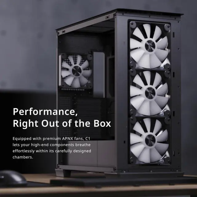 Alt view image 2 of 5 - APNX C1 Mid-Tower ATX Black PC Case, 4 Included High Airflow APNX FP1 ARGB Fans, up to 11 Total Fan Slots, Top and Side 360mm Liquid Cooler Support, 5-port PWM ARGB Control Hub