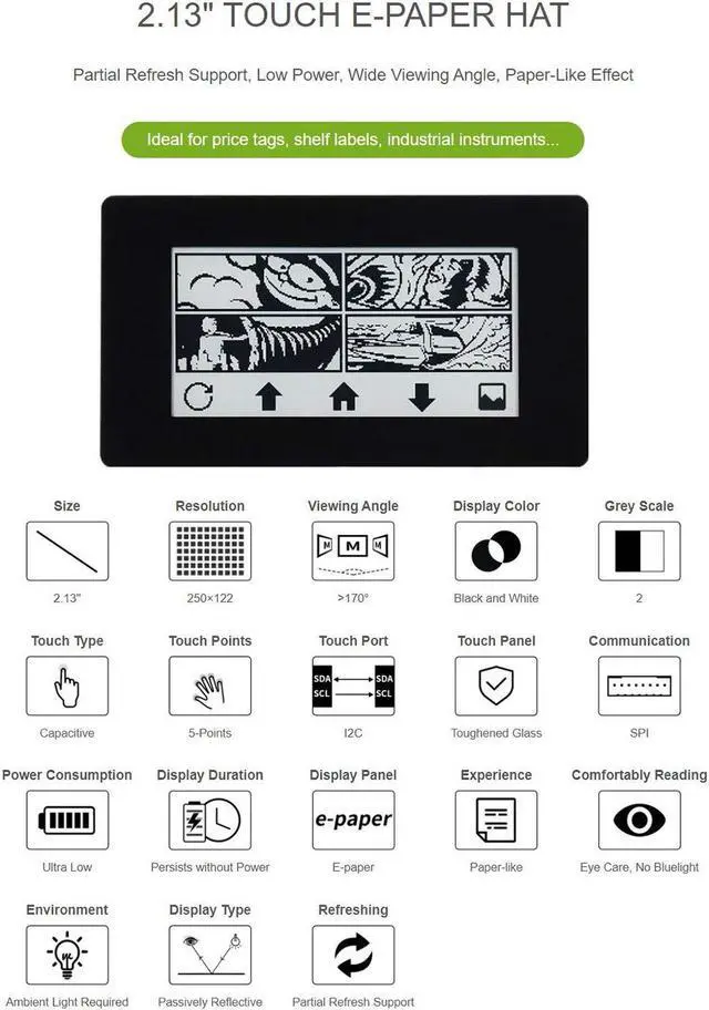 Alt view image 5 of 5 - 2.13inch Touch E-Paper E-Ink Display Module HAT for Raspberry Pi, 250×122 Pixels, Black/White Two Color, SPI Interface Support Partial Refresh 5-Point Touch