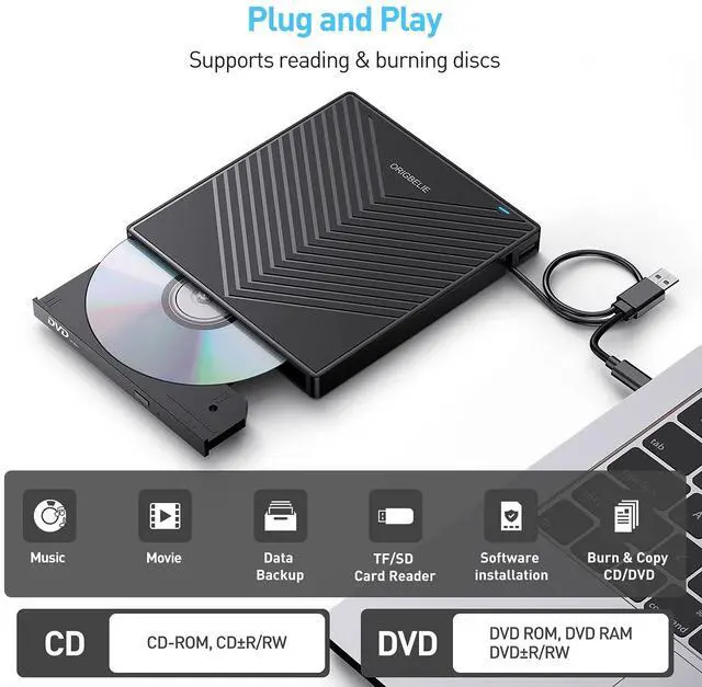 Alt view image 4 of 5 - ORIGBELIE External CD DVD Drive, Ultra Slim CD Burner USB 3.0 with 4 USB Ports and 2 TF/SD Card Slots, Optical Disk Drive for Laptop Mac, PC Windows 11/10/8/7 Linux OS