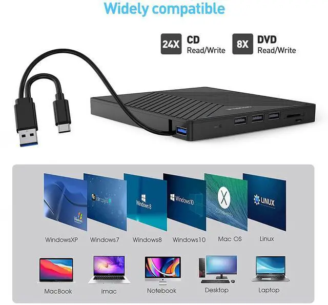 Alt view image 5 of 5 - ORIGBELIE External CD DVD Drive, Ultra Slim CD Burner USB 3.0 with 4 USB Ports and 2 TF/SD Card Slots, Optical Disk Drive for Laptop Mac, PC Windows 11/10/8/7 Linux OS