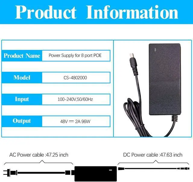 Alt view image 4 of 5 - 48V 2A Power Supply Adapter Compatible with 8 Port POE NVR, AC 100-240V to DC 48V 2A Power Adapter Charger ONLY for OOSSXX Security Camera