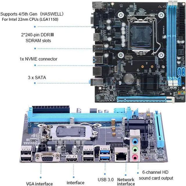 Alt view image 3 of 5 - LGA 1150 Gaming Motherboard, 4 USB2.0, DDR3 1600MHz, M.2 NVMe NGFF, SATA3.0 6Gb per s, PCIe X16, RJ45 100Mbps LAN, , Micro ATX Motherboard for Core I3 I5 I7, for Xeon E3 V3