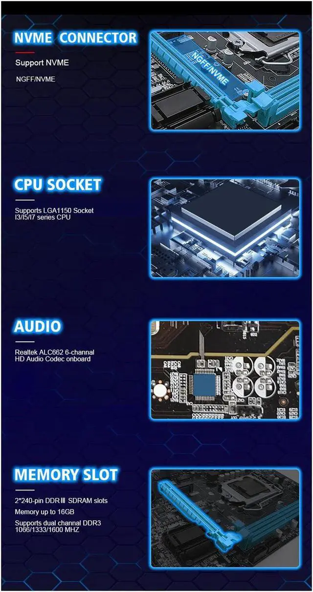Alt view image 5 of 5 - LGA 1150 Gaming Motherboard, 4 USB2.0, DDR3 1600MHz, M.2 NVMe NGFF, SATA3.0 6Gb per s, PCIe X16, RJ45 100Mbps LAN, , Micro ATX Motherboard for Core I3 I5 I7, for Xeon E3 V3