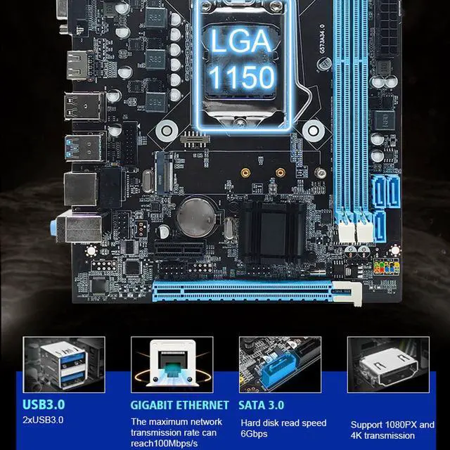 Alt view image 4 of 5 - LGA 1150 Gaming Motherboard, 4 USB2.0, DDR3 1600MHz, M.2 NVMe NGFF, SATA3.0 6Gb per s, PCIe X16, RJ45 100Mbps LAN, , Micro ATX Motherboard for Core I3 I5 I7, for Xeon E3 V3