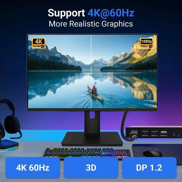 Alt view image 3 of 5 - KVM Switch DisplayPort, 4 Port DP KVM Switch for 1 HD Monitor 4 Computers to Share USB 2.0 Devices Keyboard Mouse, Support 4K@60Hz, Included 4 DP+4 USB Cables